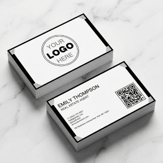 Cartão De Visita Minimalist Black White Art Deco Logo QR Code