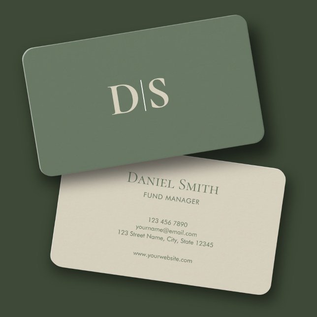 Cartão De Visita Minimalist Elegant Beige on Muted Green Initials (Minimalist Elegant Beige on Muted Green Initials Business Card)
