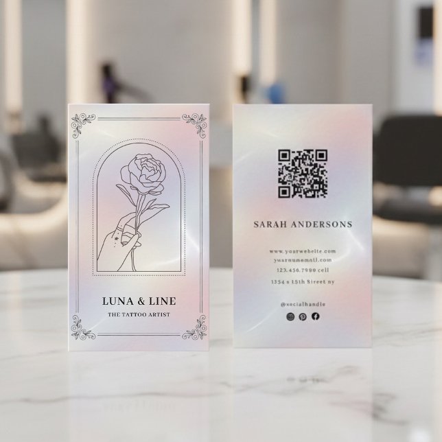 Cartão De Visita Minimalist Holographic Floral QR Code  (Criador carregado)