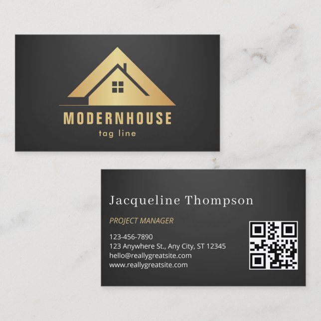 Cartão De Visita Minimalist Home Building Construction Luxe QR Code (Frente/Verso)