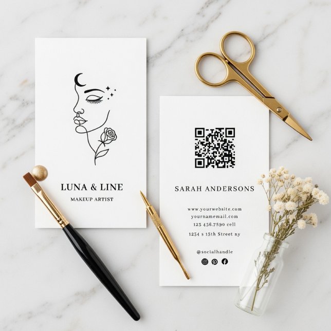 Cartão De Visita Minimalist Makeup Artist Card with QR Code (Criador carregado)