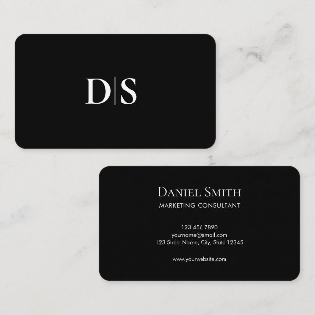 Cartão De Visita Minimalist Modern Monogram Initial Black  (Frente/Verso)