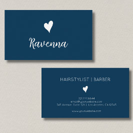 Cartão De Visita Minimalist Prussian Blue White Heart Barber Name