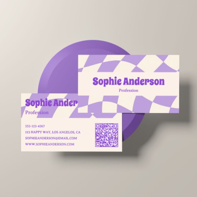 Cartão De Visita Minimalist Purple Retro Wavy Pattern QR Code  (Criador carregado)