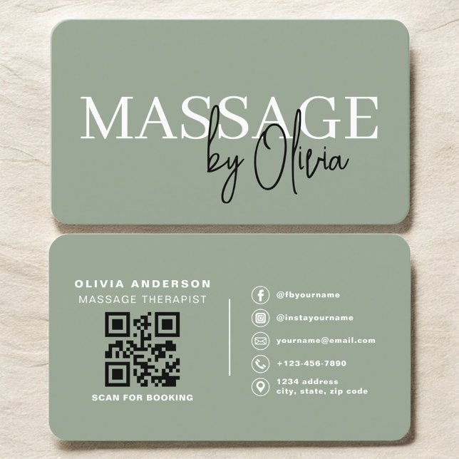Cartão De Visita Minimalist Sage Green Spa Massage QR Code (Criador carregado)