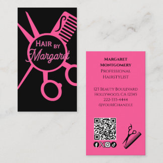 Cartão De Visita Minimalist Scissors Pink Black QR Code Hair Salon