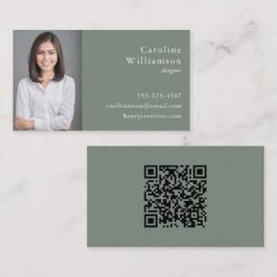 Cartão De Visita Minimalista Básica Verde Sage Profissional Foto QR
