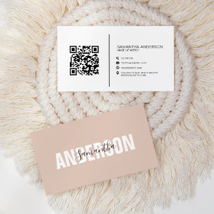 Cartão De Visita Minimalista Boho Bege Código QR Moderno