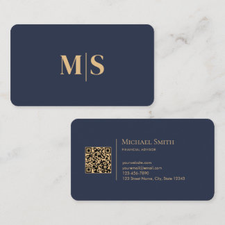 Cartão De Visita Minimalista Elegante Código QR de Inicial Azul Des