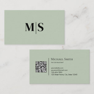 Cartão De Visita Minimalista Elegante Inicial QRCode Verde Salvia