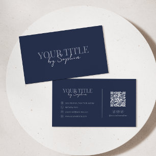 Cartão De Visita Minimalista Elegante Moderno Código QR Azul Marinh