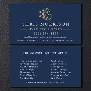 Cartão De Visita Minimalista HVAC Azul Marinho Dourado Moderno