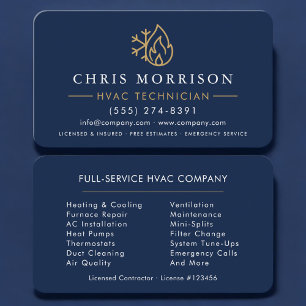 Cartão De Visita Minimalista HVAC Azul Marinho Dourado Moderno