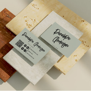 Cartão De Visita Minimalista Neutro Pistachio Boho Código QR Modern