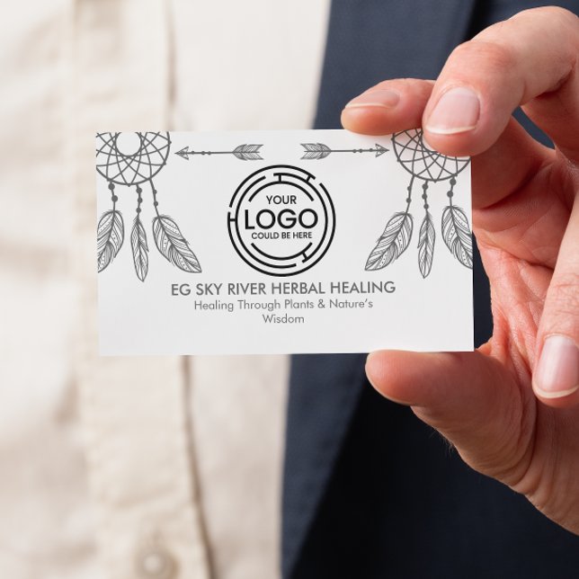 Cartão De Visita Mínimo de caçadores de sonhos, Penas, Setas Bem-Es (tribal-inspired monochrome design with dream-catcher  feather illustrations, soft gray business card)