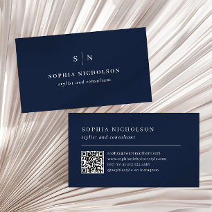 Cartão De Visita Mínimo e Chic   Monograma Azul marinho e Código QR