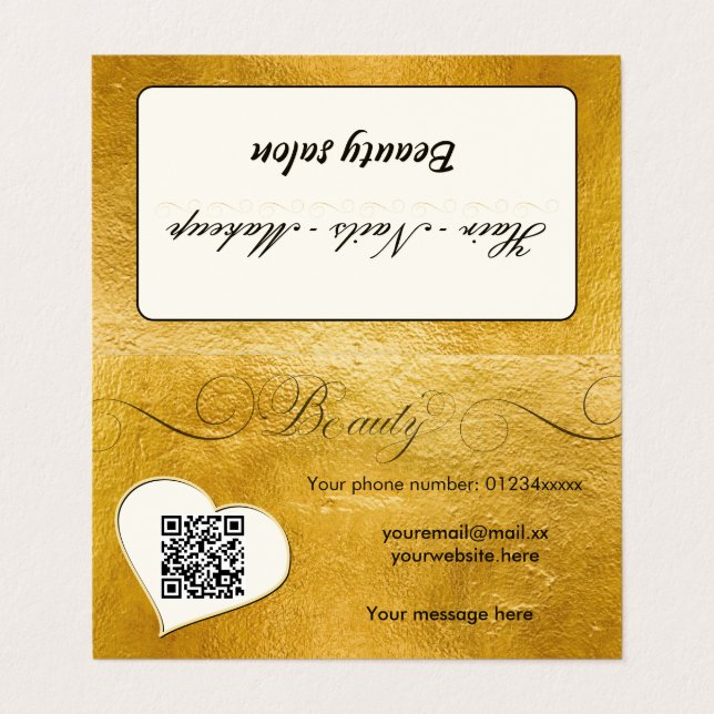 Cartão De Visita Mínimo elegante de ouro fino Qr code Beausalon (Exterior Desdobrado)