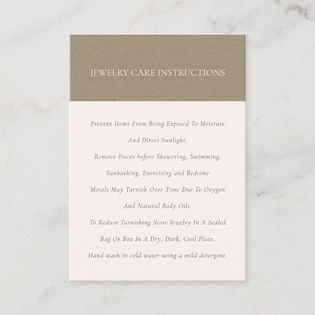 Cartão De Visita Mínimo Elegante Soft Kraft Blush Jewelry Care (Frente)