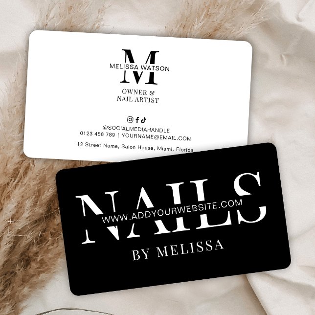 Cartão De Visita Mínimo Moderno Nail Artist Nail Salon (Minimalist nail spa business cards in black and white with fully editable text & colors)