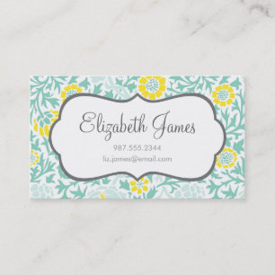 Cartão De Visita Mint Aqua e Yellow Retro Floral Damask