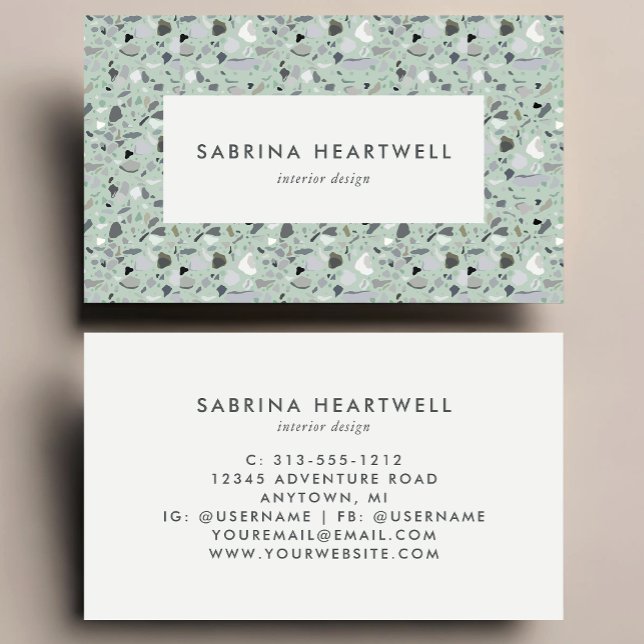 Cartão De Visita Mint Green Gray Terrazzo Pattern Interior Design (Criador carregado)