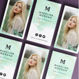 Cartão De Visita Mint Green Watercolor Social Media com Foto