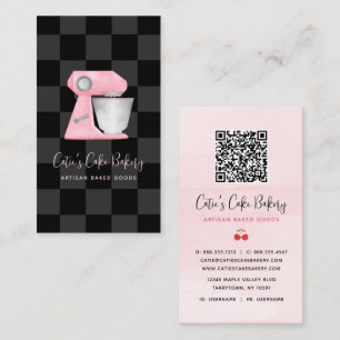 Cartão De Visita Misturador de Padaria Rosa Bege Código QR Xadrez P