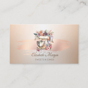 Cartão De Visita Misturador Floral Rosa de Pincel Dourado Bakery