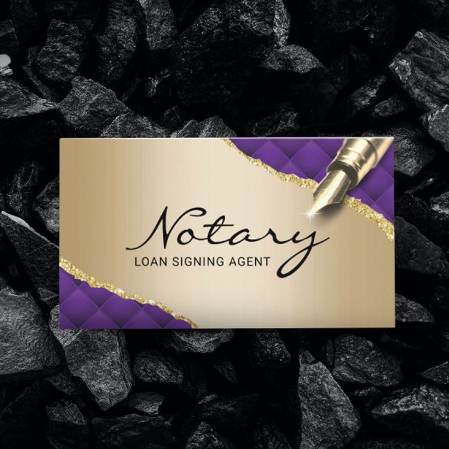 Cartão De Visita Mobile Notary Signing Agent Modern Purple & Gold (Criador carregado)