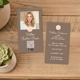 Cartão De Visita Mocha Brown Logo QR Code Photo Lashes and Brows
