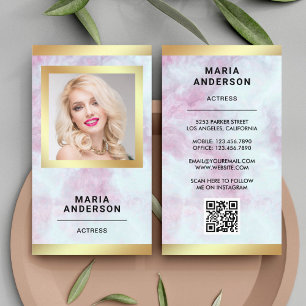 Cartão De Visita Modelo Atriz Código QR Foto Mármore Rosa Dourado