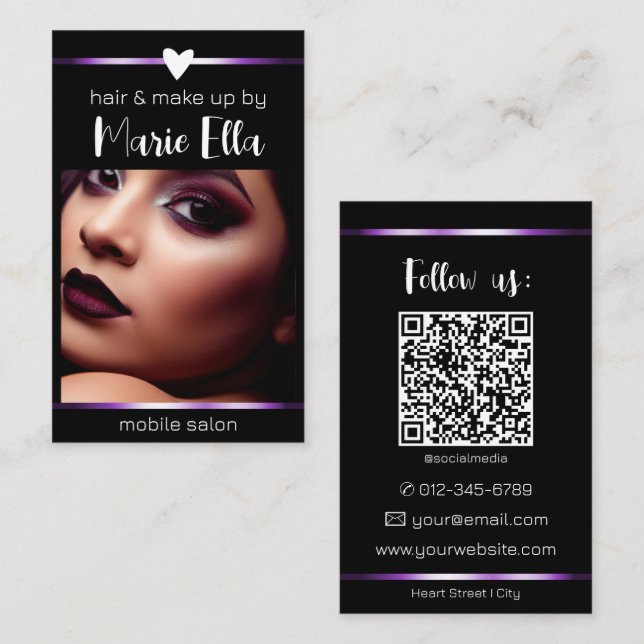 Cartão De Visita Modelo de código QR de foto com linhas pretas e ro (Frente/Verso)