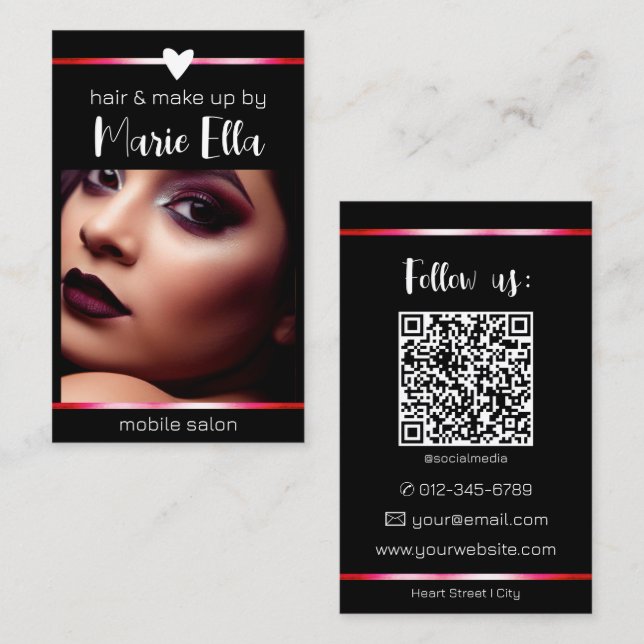 Cartão De Visita Modelo de código QR de foto com linhas rosa pretas (Frente/Verso)