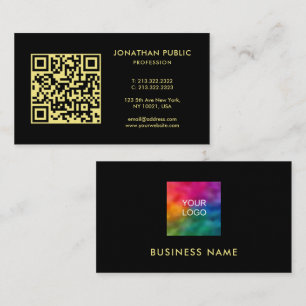 Cartão De Visita Modelo de Código QR Preto e Dourado Logotipo da Em