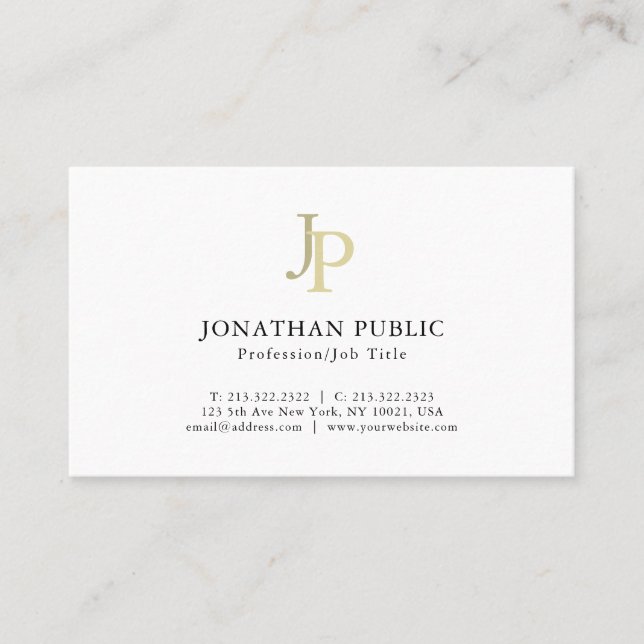 Cartão De Visita Modelo Elegante Monograma Profissional Branco Dour (Frente)