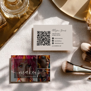 Cartão De Visita Modern 3 Photo Makeup Artist Código QR Mídia Socia