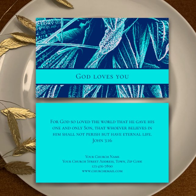 Cartão De Visita Modern Aqua Nature Custom Bible Scripture Church  (Customize this template. Modern unique turquoise Bible scripture calling card. John 3:16 church card)