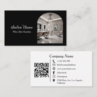 Cartão De Visita Modern Arch Salon Spa QR Code Black White