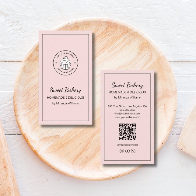 Cartão De Visita Modern Bakery Logo QR Social Media Icons Pink (Modern Bakery Logo QR Social Media Icons Pink Business Card)