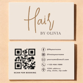 Cartão De Visita Modern Beige Neutral QR Code Hair Stylist