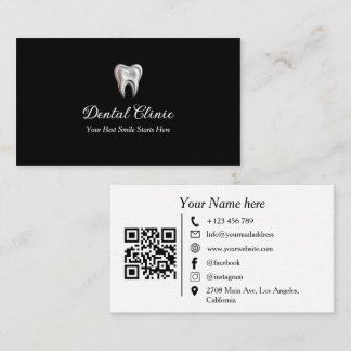 Cartão De Visita Modern Black Dental Clinic Logo QR Code Dentist