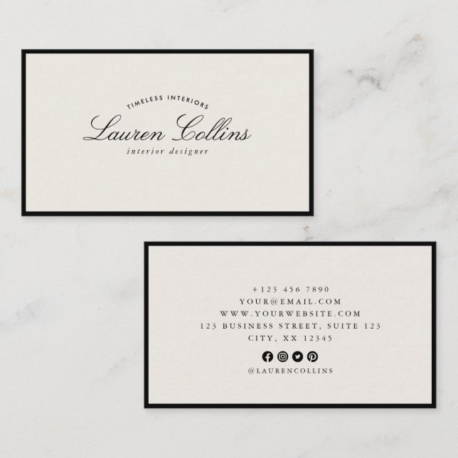 Cartão De Visita Modern Black Frame with Social Media Icons (Frente/Verso)