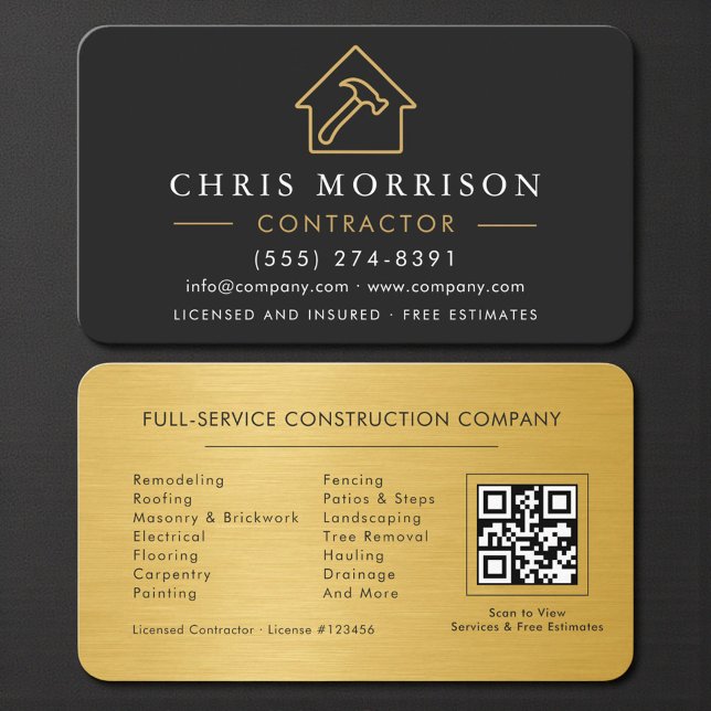Cartão De Visita Modern Black & Gold Metal Contractor QR Code (Criador carregado)
