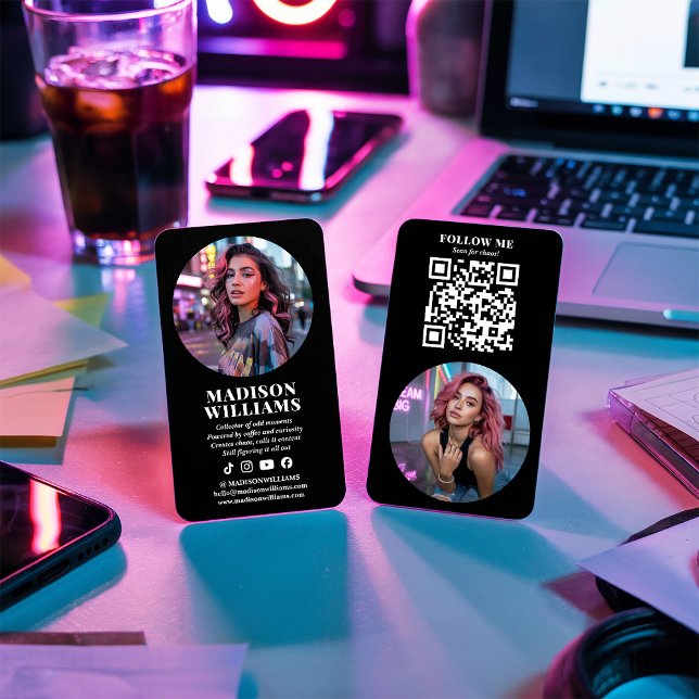 Cartão De Visita Modern Black Photo QR Code Social Media Influencer (Modern Black Photo QR Code Social Media Influencer)