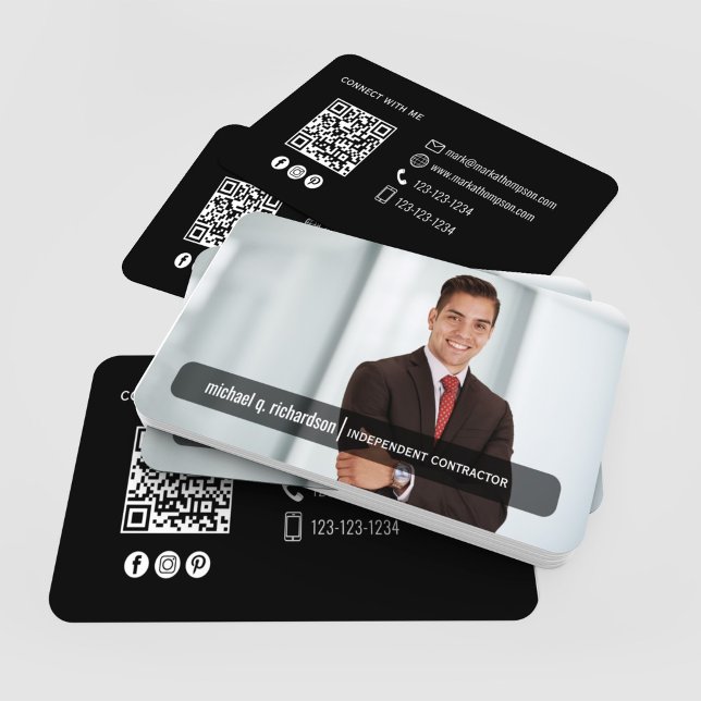 Cartão De Visita Modern Black QR Code Photo Contact Card (Black minimalist QR code photo contact cards scattered with modern clean layout)