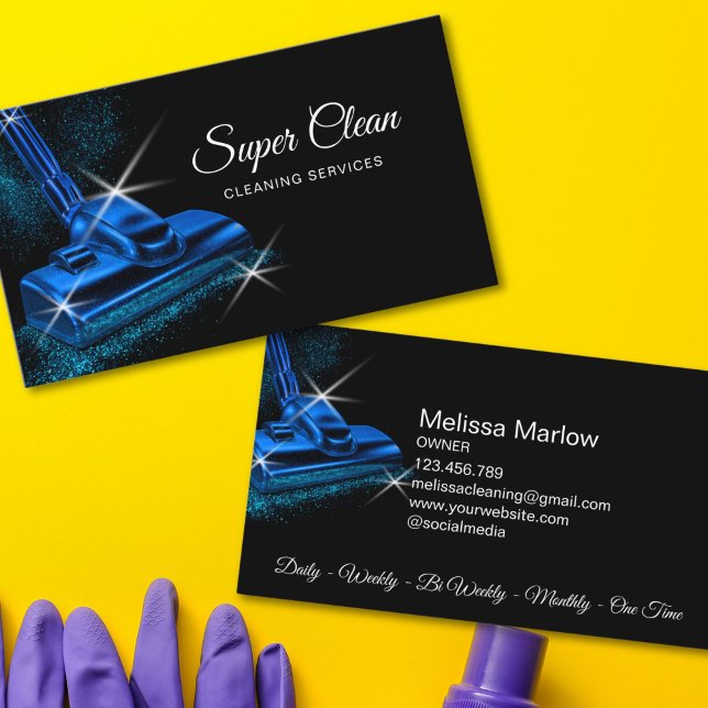 Cartão De Visita Modern Blue Commercial House Cleaning Service (MODERN BLUE GLITTER VACUUM CLEANER BUSINESS CARD)