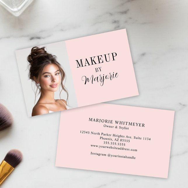 Cartão De Visita Modern Blush Pink Black Script Photo Makeup (modern blush pink black script photo makeup business card with modern typography)