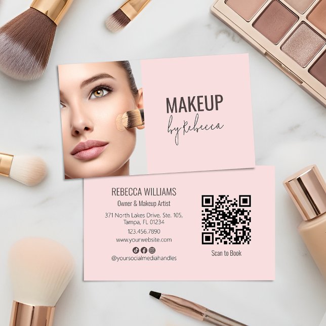 Cartão De Visita Modern Blush Pink Script Font QR Code Photo Makeup (Modern blush pink with photo and QR code - ideal for makeup artists and beauty businesses)