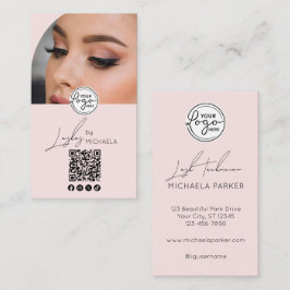 Cartão De Visita Modern Blush Pink Script Logo QR Code Photo Lashes