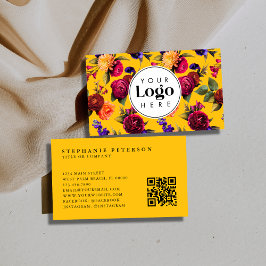 Cartão De Visita Modern Bold Yellow Floral Custom Logo QR Code